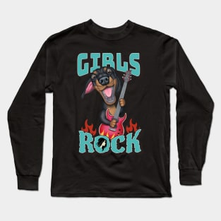 Fun Girls Rock with Dachshund Doxie Dog and guitar Long Sleeve T-Shirt